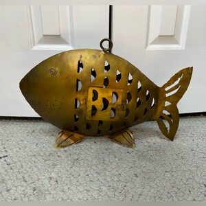 Brass Metal Fish Lantern, freestanding and changeable, w door to access a candle